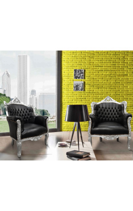 Fauteuil &quot;princier&quot; de style Baroque simili cuir noir et bois argent
