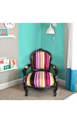 Fauteuil baroque enfant tissu rayé multicolore avec bois laqué noir