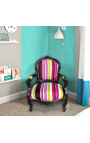 barokowy fotel dla dziecka tkanina w wielokolorowe paski z czarnym lakierowanym drewnem