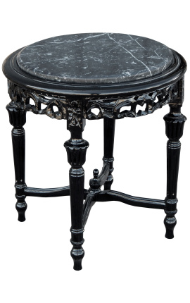 Mesa lateral de mármol negro estilo redondo Luis XVI con madera negra brillante