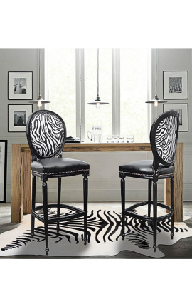 Cadira de bar d&#039;estil Lluís XVI d&#039;imitació de pell negra, respatller zebra i fusta negra