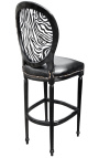 Sedia da bar in stile Luigi XVI in ecopelle nera, schienale zebrato e legno nero
