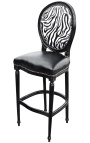 Cadeira de bar estilo Luís XVI couro preto, zebra costas e madeira preta