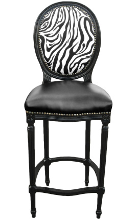 Silla de bar Louis XVI estilo cebra y piel falsa negra con madera lacada negra