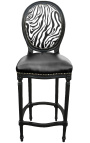 Chaise de bar de style Louis XVI simili cuir noir, dossier zèbre et bois noir