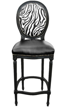Bar židle Louis XVI Styl Zebra a černá falešná kůže s černým lakovaným dřevem - 1