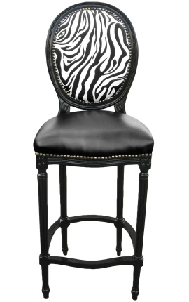 Cadeira de bar estilo Louis XVI em couro sintético preto, encosto zebra e madeira preta
