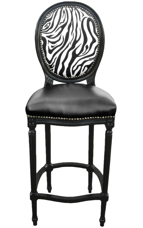 Cadira de bar d'estil Lluís XVI d'imitació de pell negra, respatller zebra i fusta negra