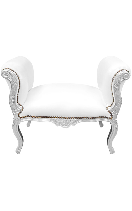 Banquette baroque de style Louis XV simili cuir blanc et bois argent