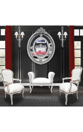 Banco barroco Louis XV estilo piel blanca y madera de plata