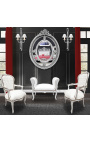 Banquette baroque de style Louis XV simili cuir blanc et bois argent