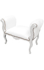Baroque bench Louis XV style white leatherette and silver wood