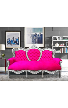 Sofà barroc de tela de vellut rosa fúcsia i fusta platejada