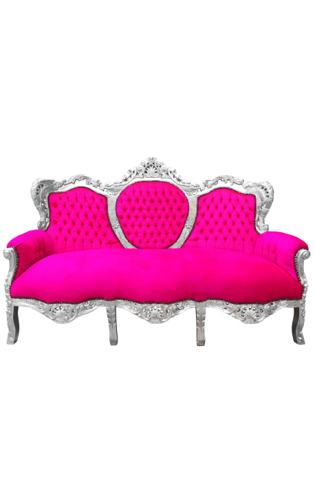 Canapé baroque tissu velours rose fuchsia et bois argenté