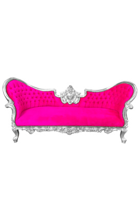 Barockes Napoleon-III-Medaillon-Sofa aus fuchsiafarbenem Samt und silbernem Holz