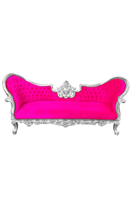 Barok Napoleon III medaljon sofa stof fuchsia fløjl og sølv træ