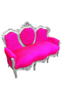 Sofá barroco tecido de veludo rosa fúcsia e madeira prateada
