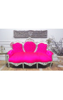 Sofá barroco tecido de veludo rosa fúcsia e madeira prateada
