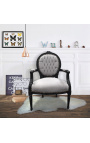 Baroque armchair Louis XVI style medallion grey fabric and black painted wood