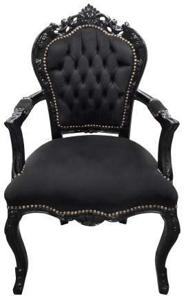 Sessel im Barock-Rokoko-Stil, schwarzer Stoff und schwarz lackiertes Holz 