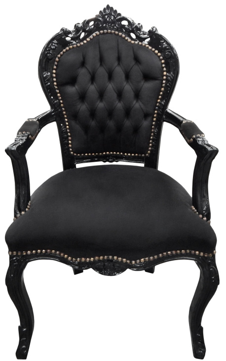 Fotel w stylu barokowym rokoko czarna tkanina i drewno lakierowane na czarno 