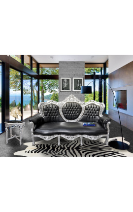 Barock soffa konstskinn läder svart och försilvrat trä