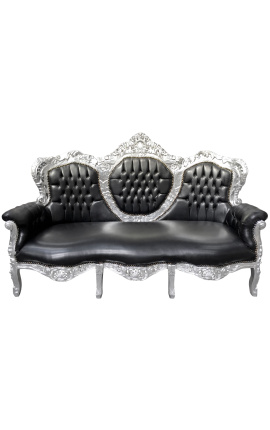 Barokna sofa crna umjetna koža i posrebreno drvo