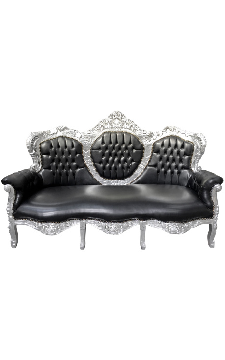 Barocksofa aus Kunstleder in Schwarz und versilbertem Holz