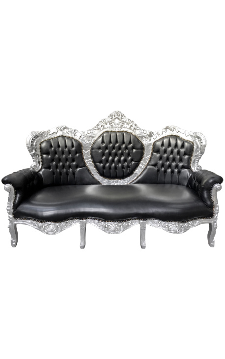 Baročna sedežna garnitura iz umetnega usnja v črni barvi in posrebrenega lesa