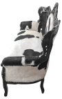 Sofà barroc de pell de vaca en blanc i negre real amb fusta lacada en negre