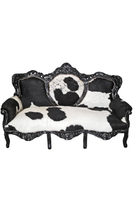Καναπές μπαρόκ πραγματικό δέρμα αγελάδας μαύρο και άσπρο, γυαλιστερό μαύρο ξύλο