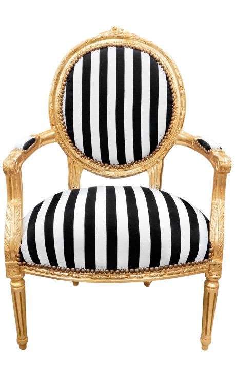 Fauteuil baroque de style Louis XVI rayé noir et blanc et bois doré