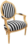 Fauteuil baroque de style Louis XVI rayé noir et blanc et bois doré