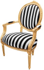 Fotel w stylu barokowym Ludwika XVI w czarno-białe paski i złote drewno