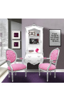 Fauteuil Louis XVI de style baroque velours rose et bois argenté - 13
