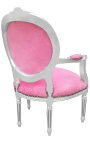 Baroque armchair Louis XVI style pink velvet and silvered wood