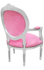 Sillón barroco Luís XVI terciopelo rosa y madera plateada