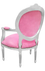 Baroque armchair Louis XVI style pink velvet and silver wood - 18