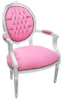 Baroque armchair Louis XVI style pink velvet and silvered wood