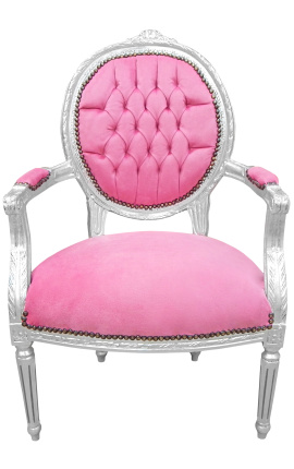 Barokke stoel Louis XVI roze fluweel en zilveren hout