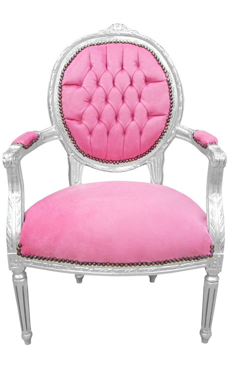 Fauteuil baroque de style Louis XVI velours rose poudré et bois argenté