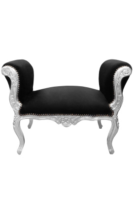Baroque Louis XV bench black velvet fabric and silver wood