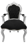 Fauteuil de style Baroque Rococo tissu velours noir et bois argent