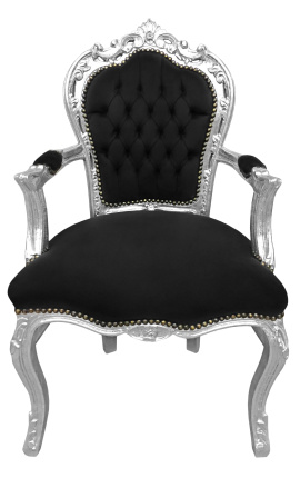 Barokinio rokoko stiliaus fotelis juodas aksomas ir sidabro mediena