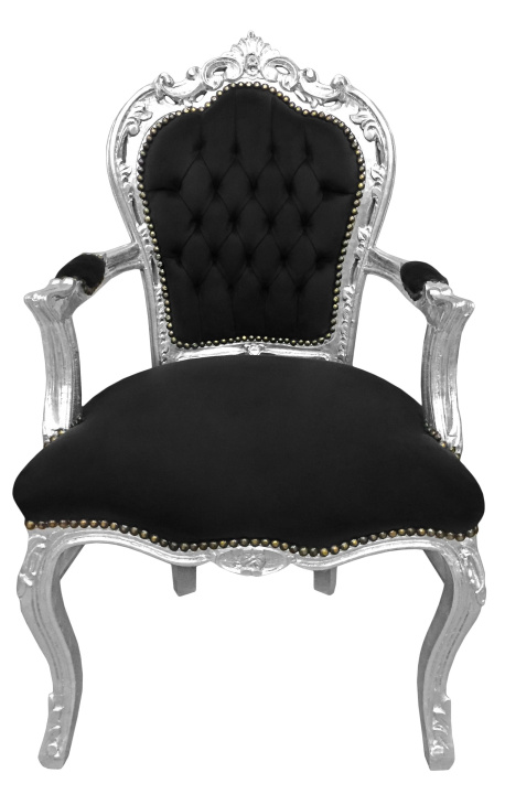Barocker Rokoko-Sessel-Stil schwarzer Samt und Silberholz - 1