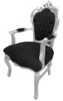 Fauteuil de style Baroque Rococo tissu velours noir et bois argent