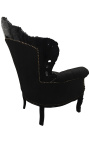 Big baroque style armchair black velvet and black lacquered wood