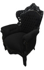 Big baroque style armchair black velvet and black lacquered wood