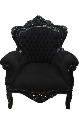 Gran sillón de estilo barroco con tela de terciopelo negro y madera lacada en negro