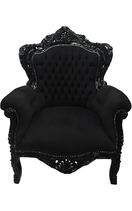 Didelis baroko stiliaus fotelis juodas aksomas ir juodai lakuota mediena